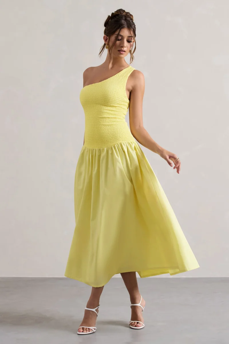 Sorbet | Vestido Largo de Popelina Limón con Pliegues y un Hombro Descubierto - Imagen 5
