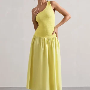 Sorbet | Vestido Largo de Popelina Limón con Pliegues y un Hombro Descubierto