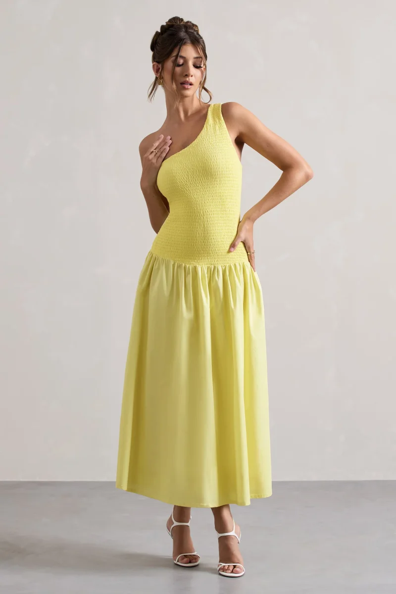 Sorbet | Vestido Largo de Popelina Limón con Pliegues y un Hombro Descubierto