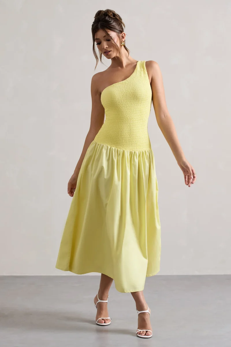 Sorbet | Vestido Largo de Popelina Limón con Pliegues y un Hombro Descubierto - Imagen 6