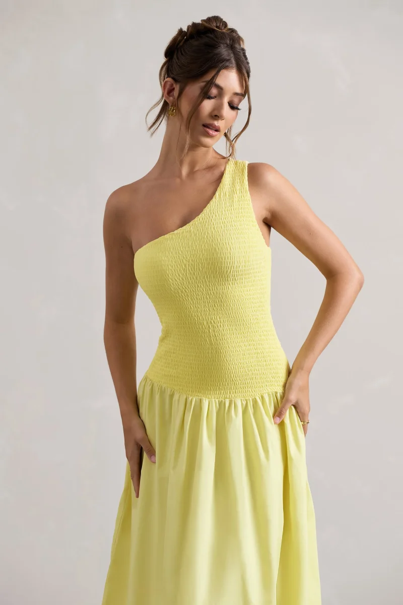 Sorbet | Vestido Largo de Popelina Limón con Pliegues y un Hombro Descubierto - Imagen 4