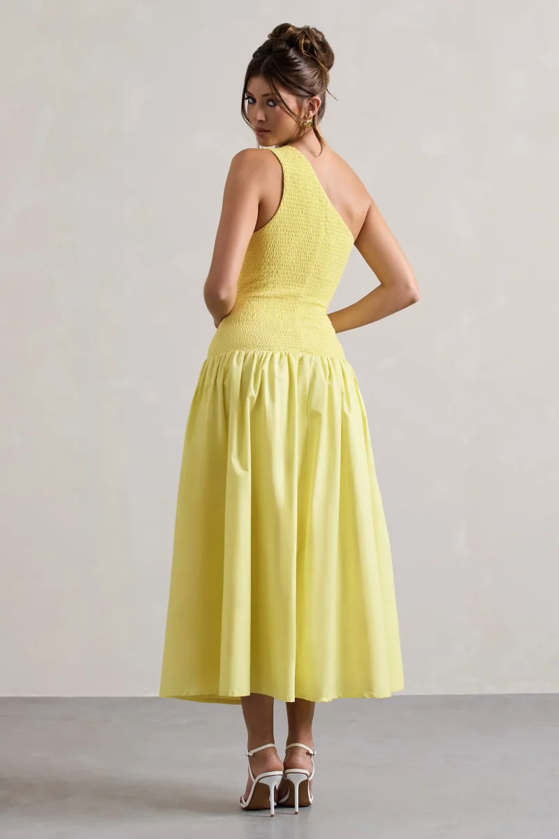 Sorbet | Vestido Largo de Popelina Limón con Pliegues y un Hombro Descubierto - Imagen 3