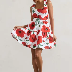 Alia | Vestido Corto Con Volumen Escalonado y Cuello Redondo Estampado de Amapolas