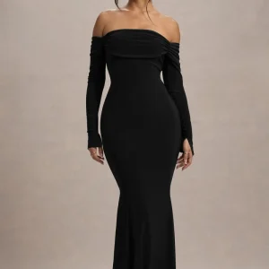 Amaia | Vestido Largo con escote bardot y mangas largas en negro