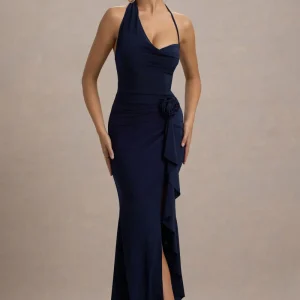 Lucena | Vestido largo en azul marino con escote drapeado y detalle floral