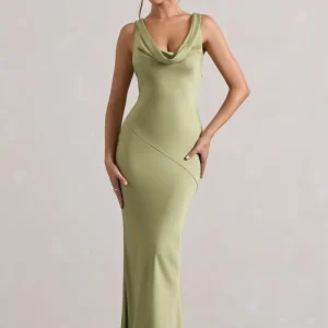 Alesso | Vestido Largo satinado en verde oliva claro con escote drapeado