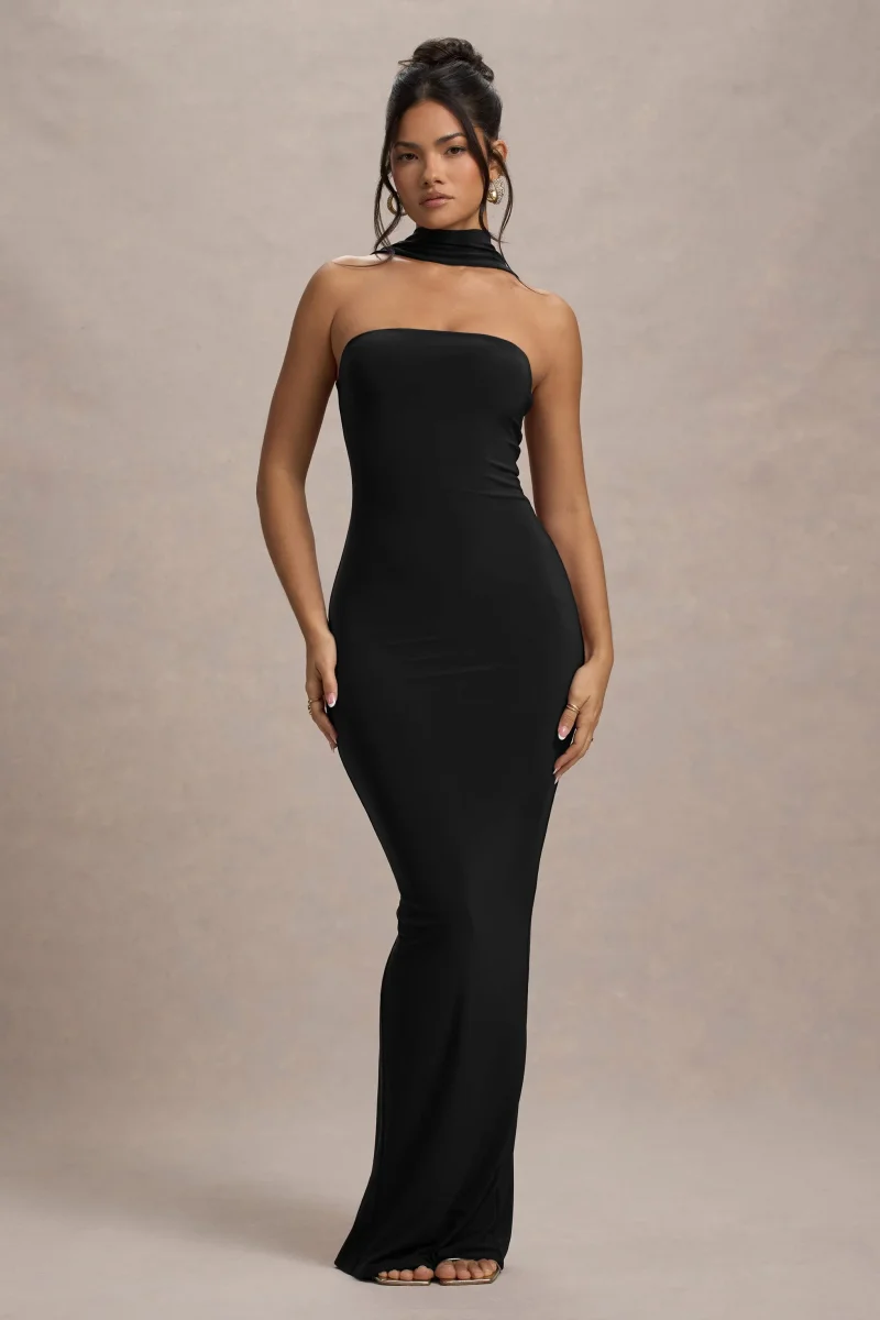 Nobu | Vestido largo Negro con escote Bandeau y Cuello - Imagen 7