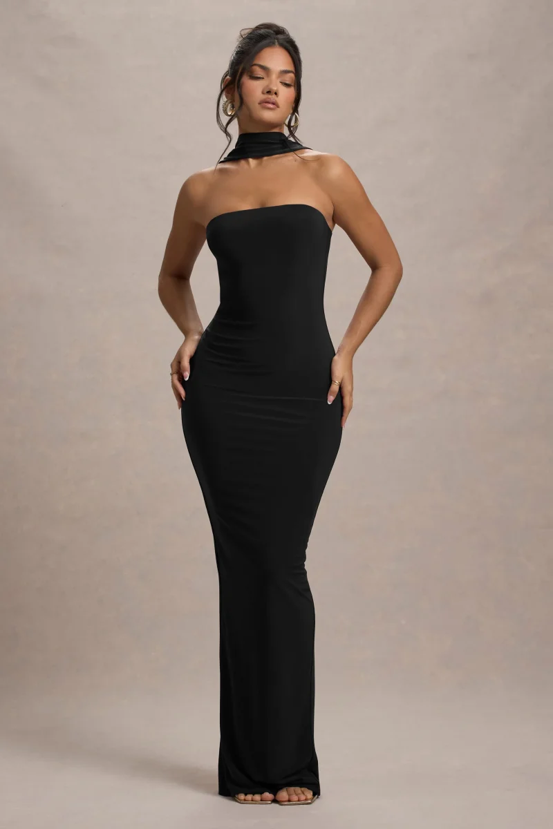 Nobu | Vestido largo Negro con escote Bandeau y Cuello - Imagen 6