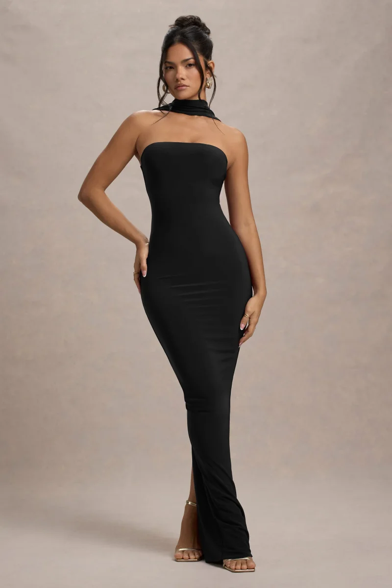 Nobu | Vestido largo Negro con escote Bandeau y Cuello - Imagen 2