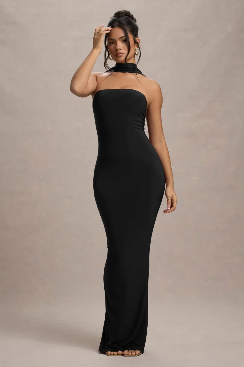Nobu | Vestido largo Negro con escote Bandeau y Cuello - Imagen 5