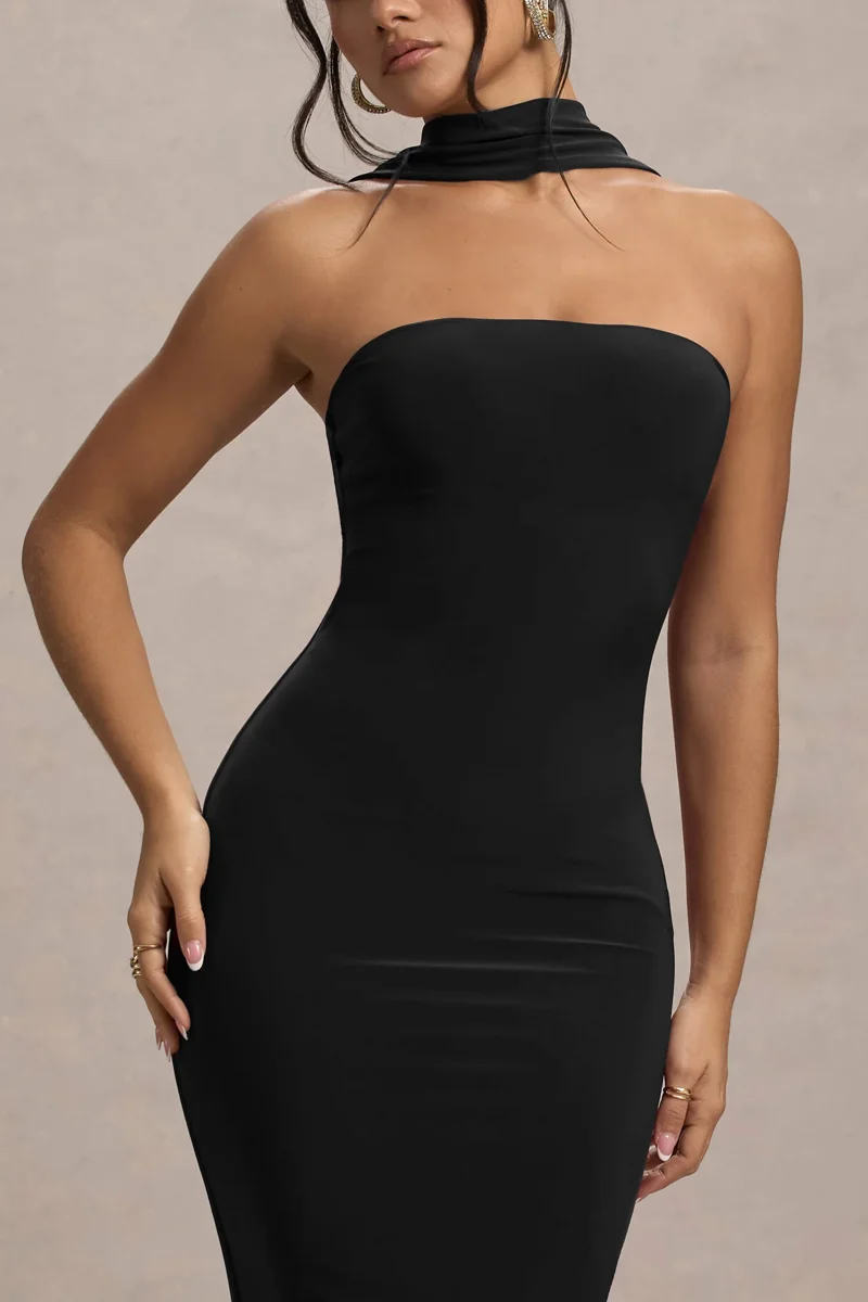 Nobu | Vestido largo Negro con escote Bandeau y Cuello - Imagen 4