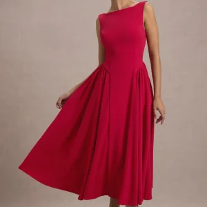 Muriel | Vestido Midi Rojo de Escote Barco con Bajo Voluminoso