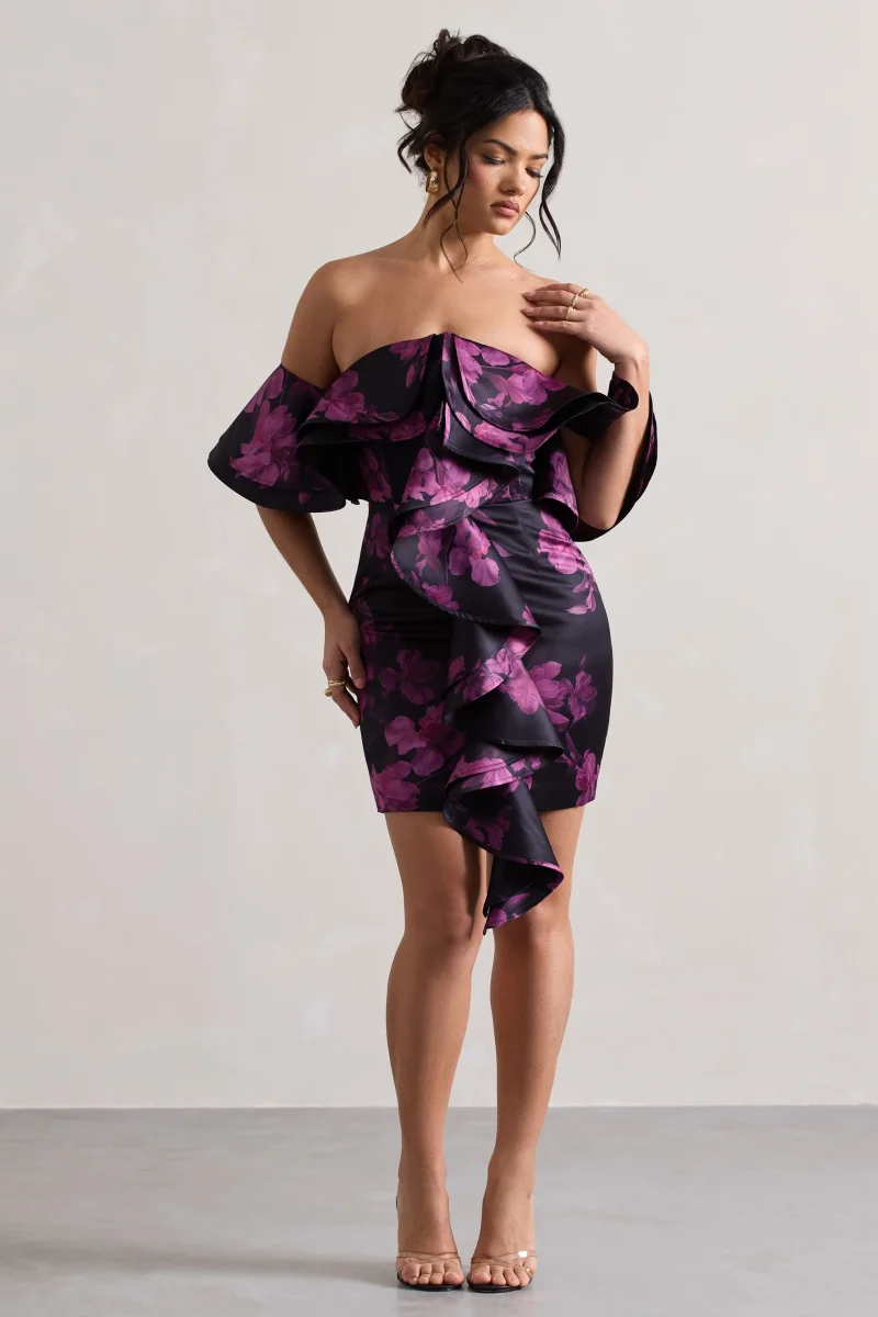 Aspen | Vestido Corto Bardot con Volantes y Estampado Floral Negro - Imagen 2