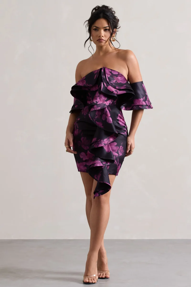 Aspen | Vestido Corto Bardot con Volantes y Estampado Floral Negro - Imagen 5