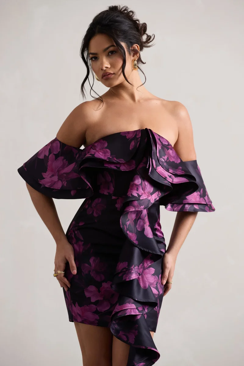 Aspen | Vestido Corto Bardot con Volantes y Estampado Floral Negro - Imagen 4