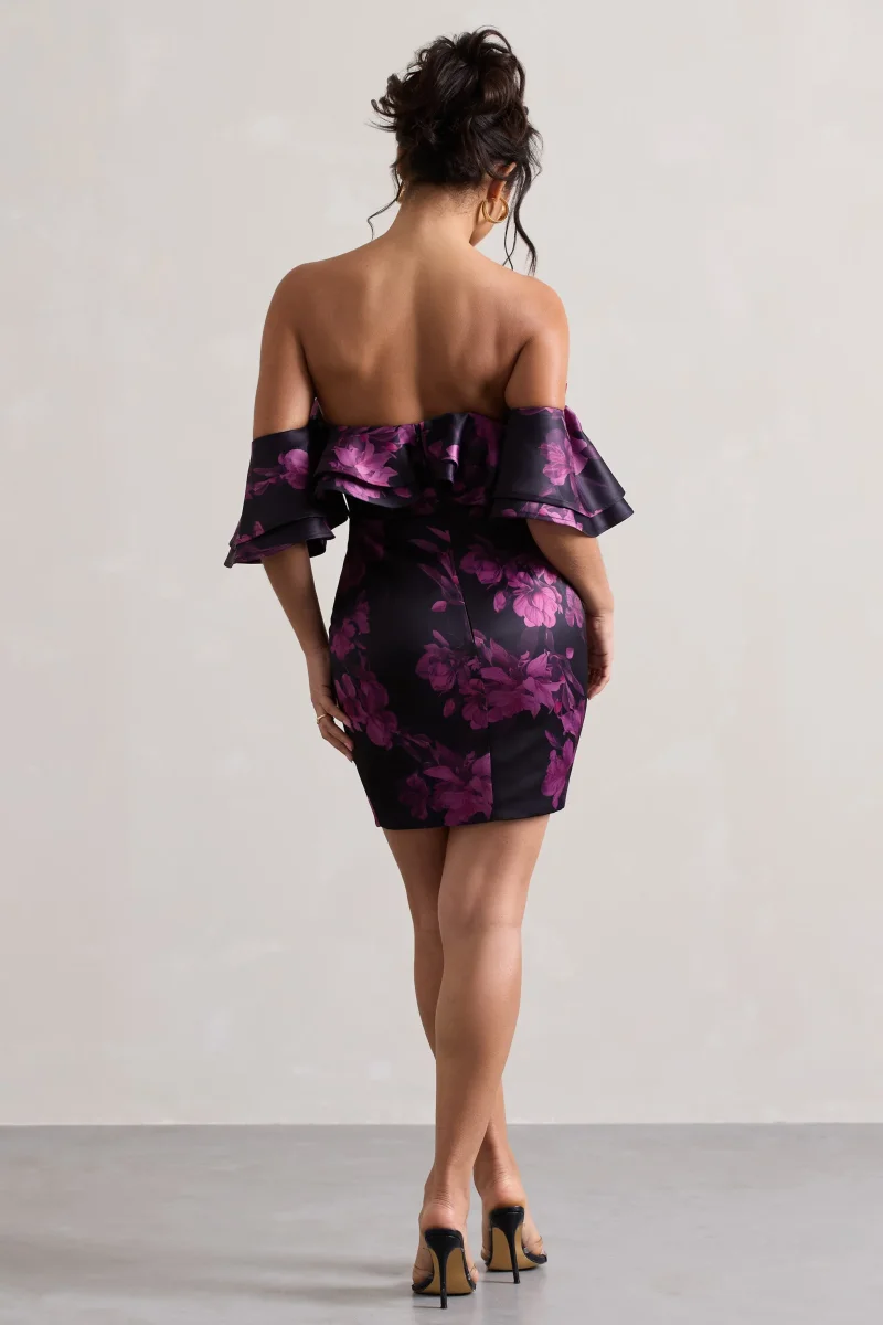Aspen | Vestido Corto Bardot con Volantes y Estampado Floral Negro - Imagen 3