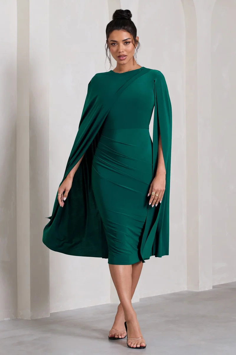 Marysol | Vestido midi asimétrico con capa en verde botella - Imagen 3