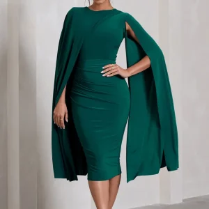 Marysol | Vestido midi asimétrico con capa en verde botella