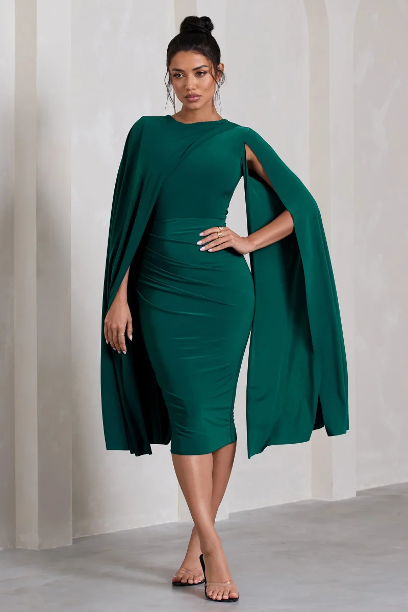 Marysol | Vestido midi asimétrico con capa en verde botella