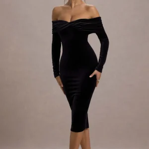 Compliment | Vestido Midi Bardot de Terciopelo Negro