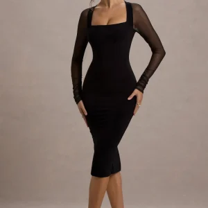 Off Track | Vestido Midi Ajustado Negro con Mangas Transparentes