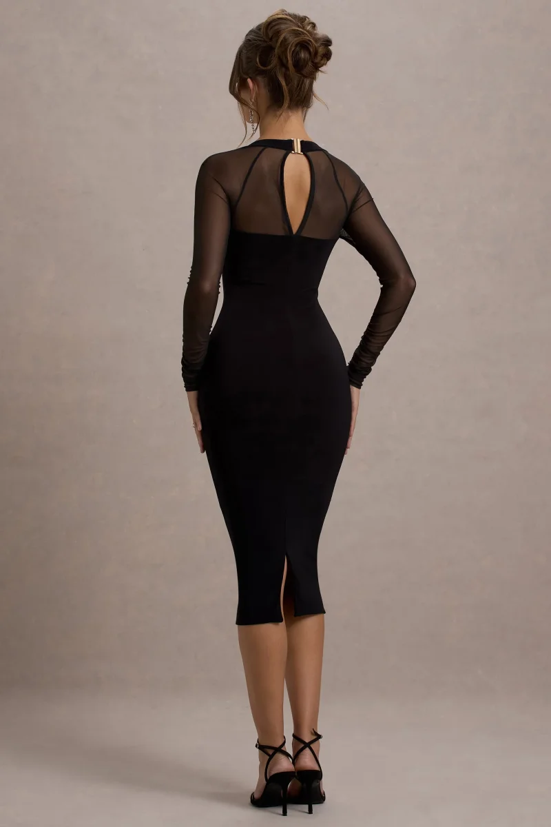 Off Track | Vestido Midi Ajustado Negro con Mangas Transparentes - Imagen 3