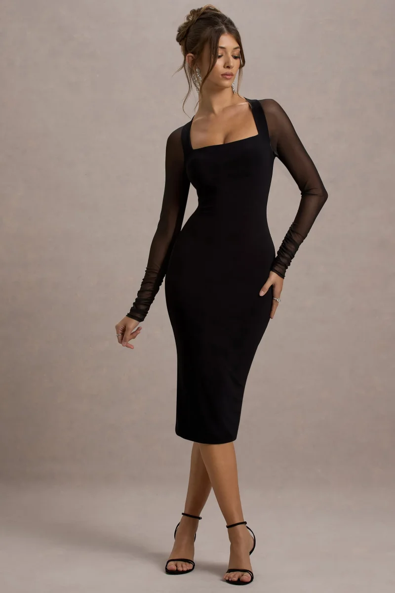 Off Track | Vestido Midi Ajustado Negro con Mangas Transparentes - Imagen 6