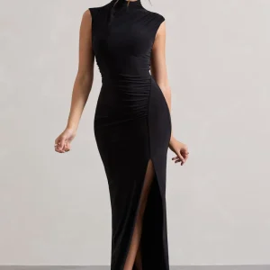 Lanetta | Vestido Largo Negro Fruncido de Cuello Alto con Abertura