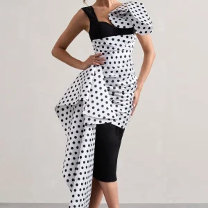 Unattainable | Vestido Midi Cruzado con Volantes y Lunares Negros