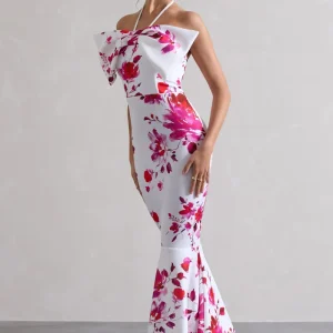 Sakura | Vestido largo de sirena con estampado floral rosa, cuello halter y lazo