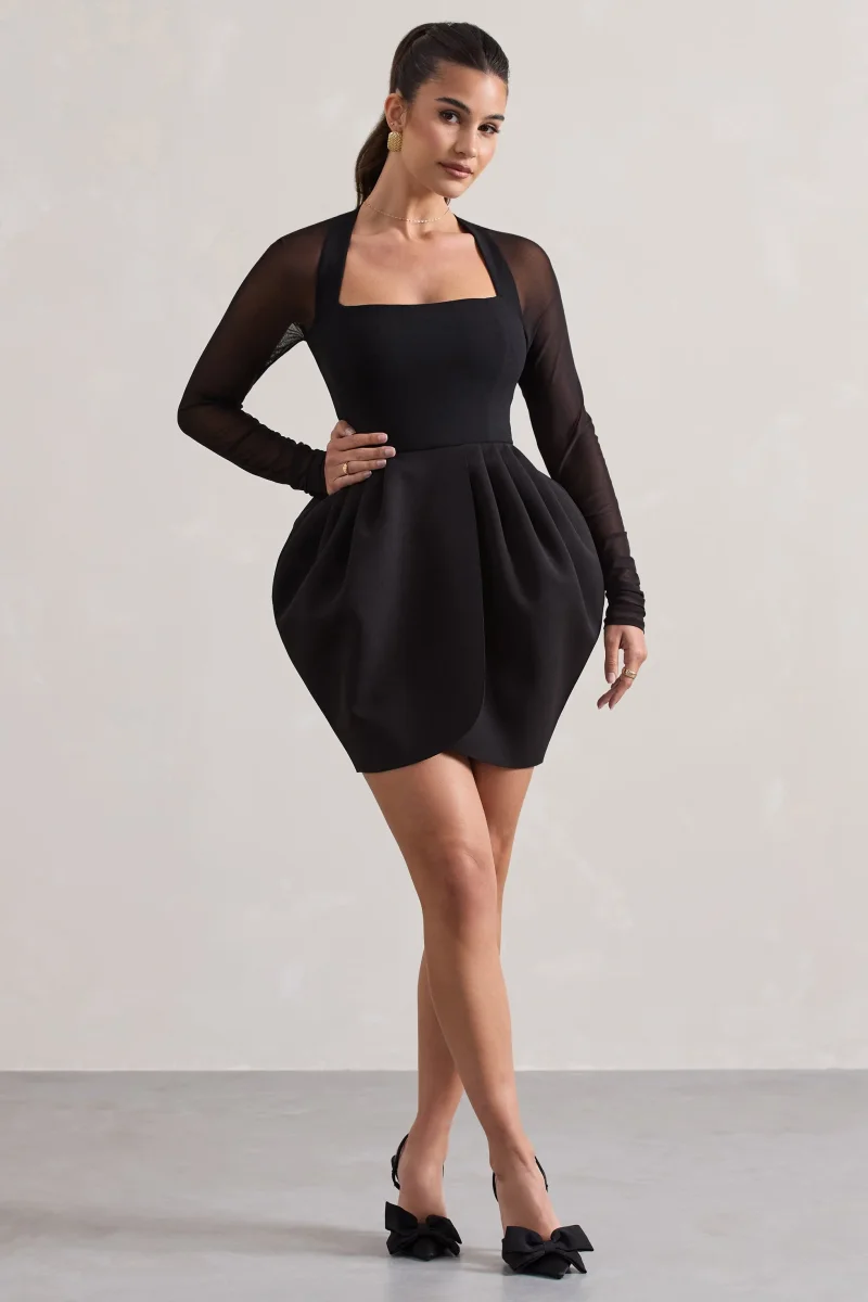 Alto | Vestido Corto Negro con Escote Cuadrado y Falda Abullonada - Imagen 5
