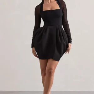 Alto | Vestido Corto Negro con Escote Cuadrado y Falda Abullonada