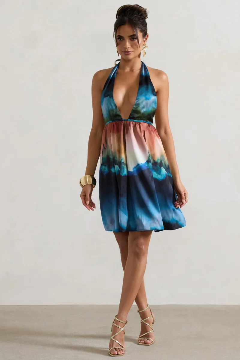 Naxos | Vestido Corto babydoll con escote pronunciado y estampado multicolor difuminado - Imagen 3