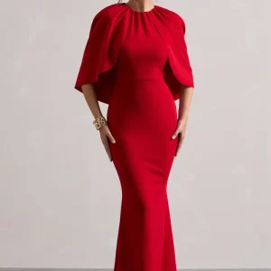 Kianne | Vestido Largo Rojo con Mangas Cortas y Drapeado