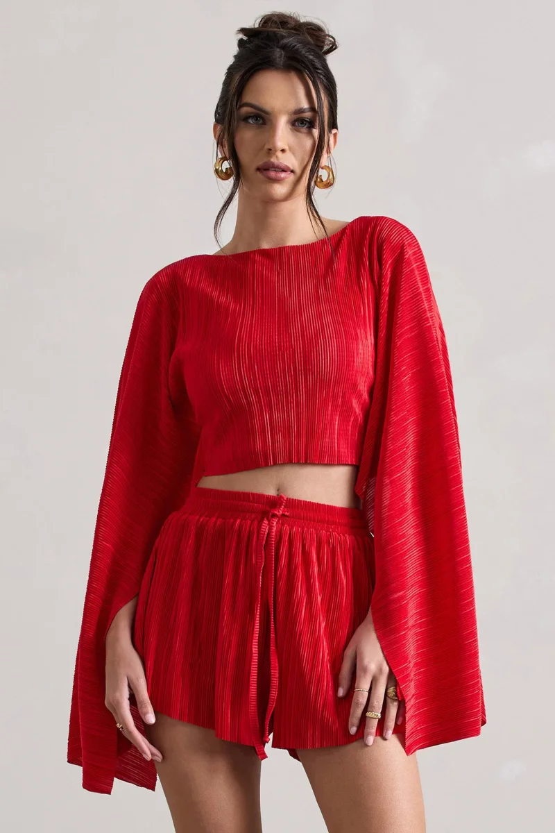 Flare | Top corto rojo con mangas tipo capa plisadas - Imagen 5