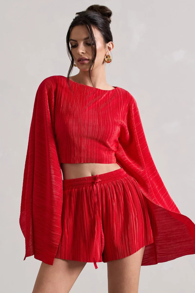 Flare | Top corto rojo con mangas tipo capa plisadas - Imagen 7
