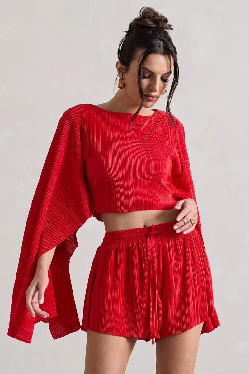 Flare | Top corto rojo con mangas tipo capa plisadas - Imagen 6