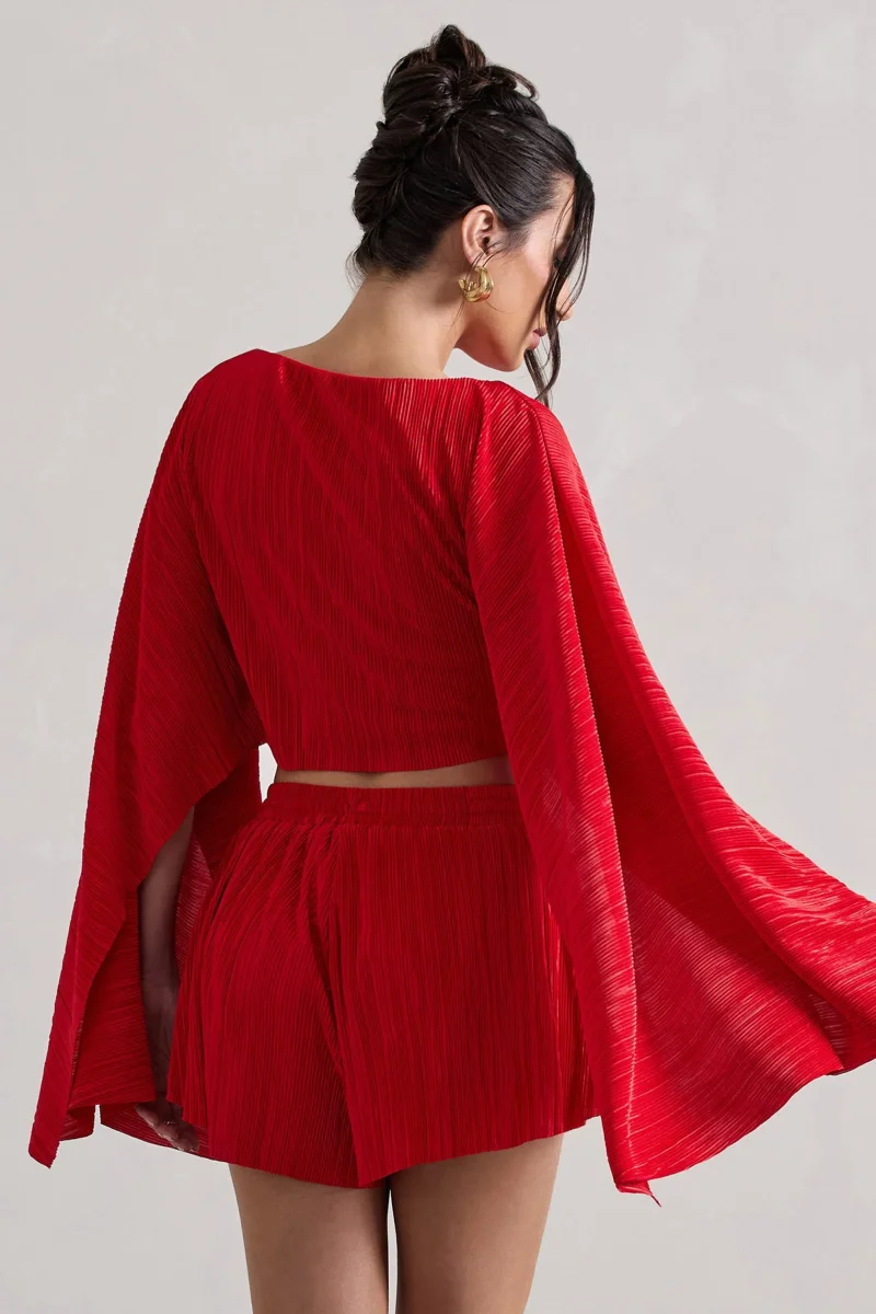 Flare | Top corto rojo con mangas tipo capa plisadas - Imagen 3