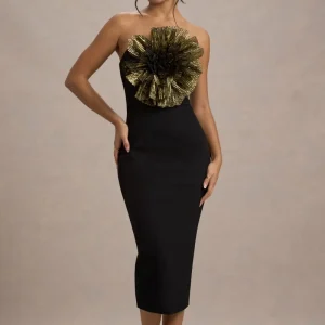 Moya | Vestido Midi ajustado con detalle en el centro y escote recto en color negro