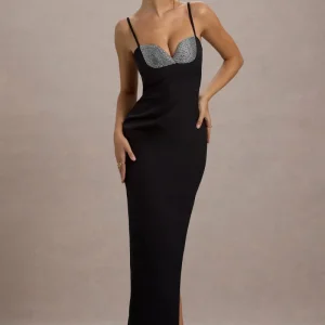 Ignacia | Vestido largo negro con escote asimétrico y detalle de lentejuelas