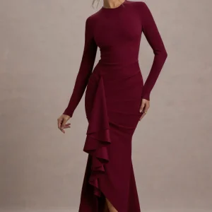 Alayna | Vestido largo en color cereza de mangas largas todo ajustado al cuerpo y detalle de volante en el lateral