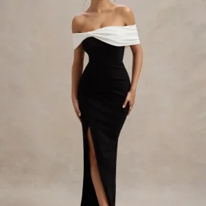 Eva | Vestido Largo Bardot en blanco y negro con detalle de lazo y abertura