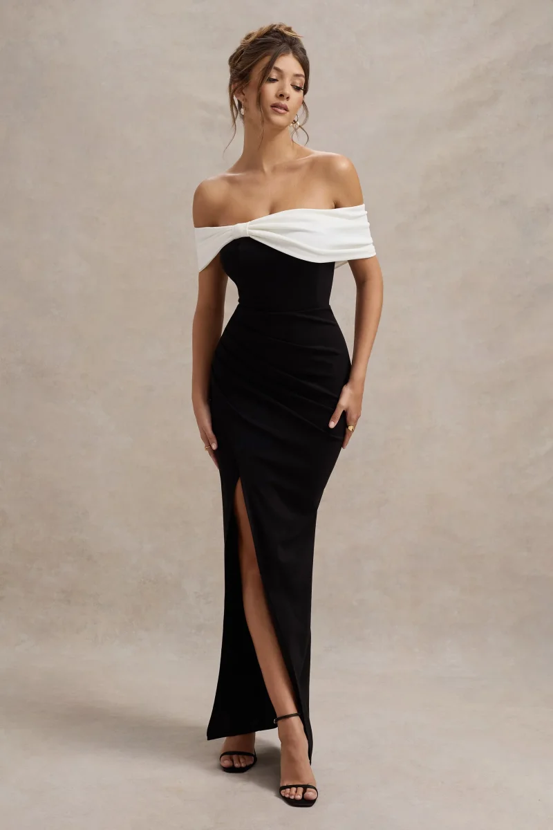 Eva | Vestido Largo Bardot en blanco y negro con detalle de lazo y abertura