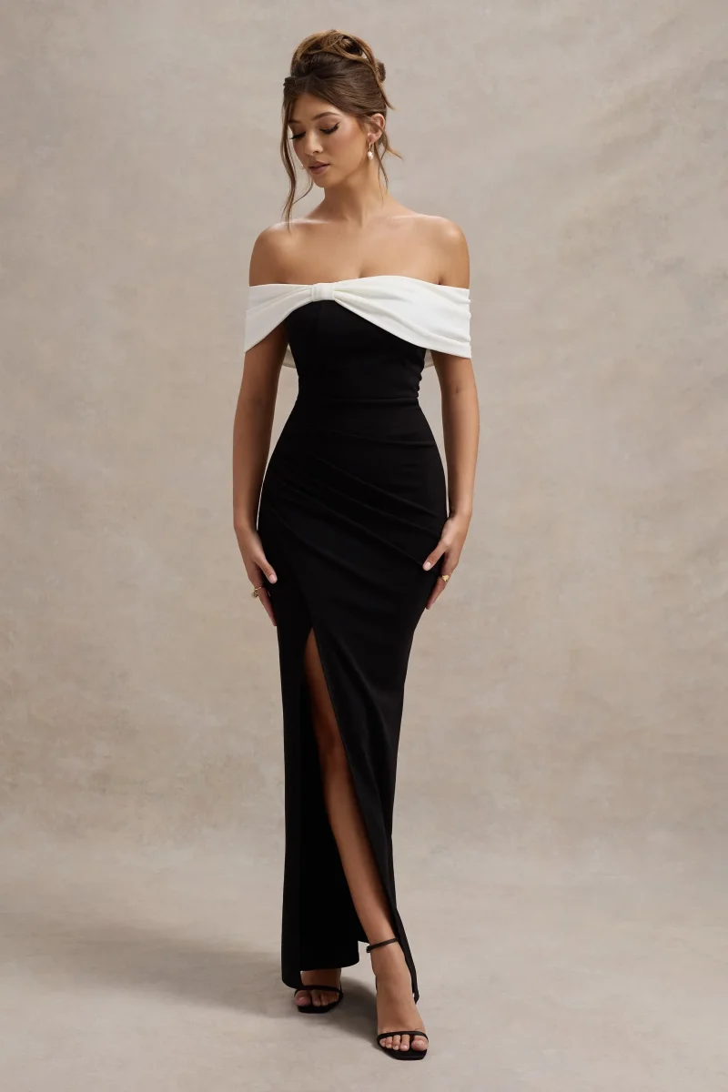 Eva | Vestido Largo Bardot en blanco y negro con detalle de lazo y abertura - Imagen 6