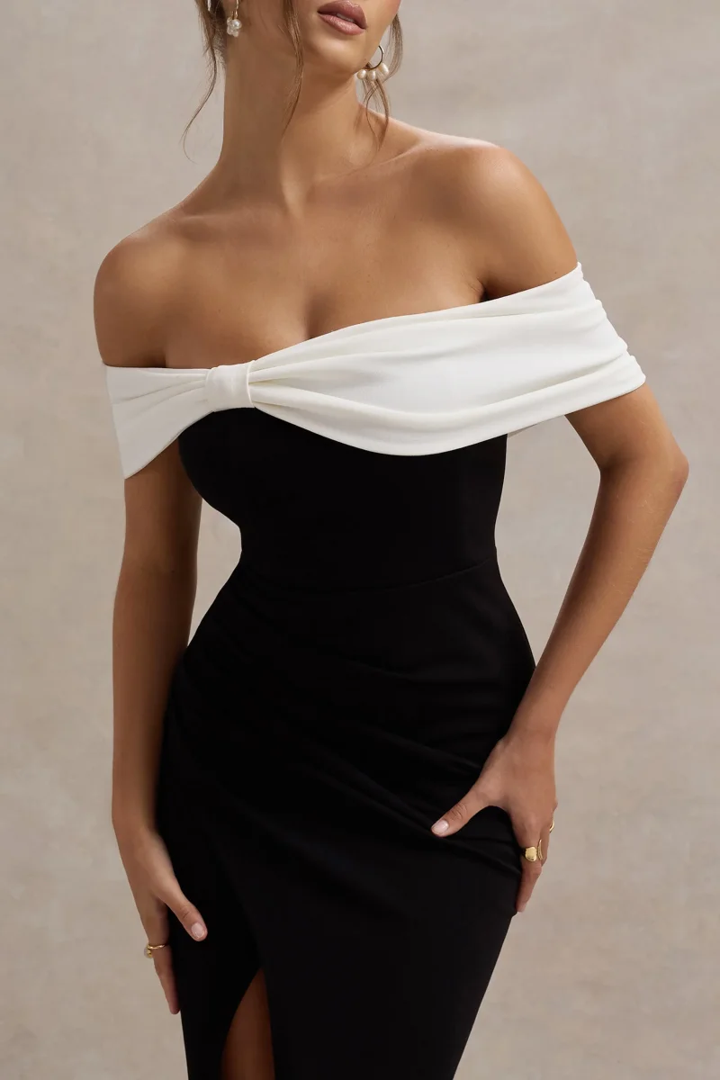 Eva | Vestido Largo Bardot en blanco y negro con detalle de lazo y abertura - Imagen 4
