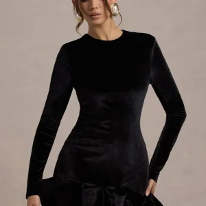 Claudine | Vestido Corto de Terciopelo Negro con Mangas Largas y Volantes