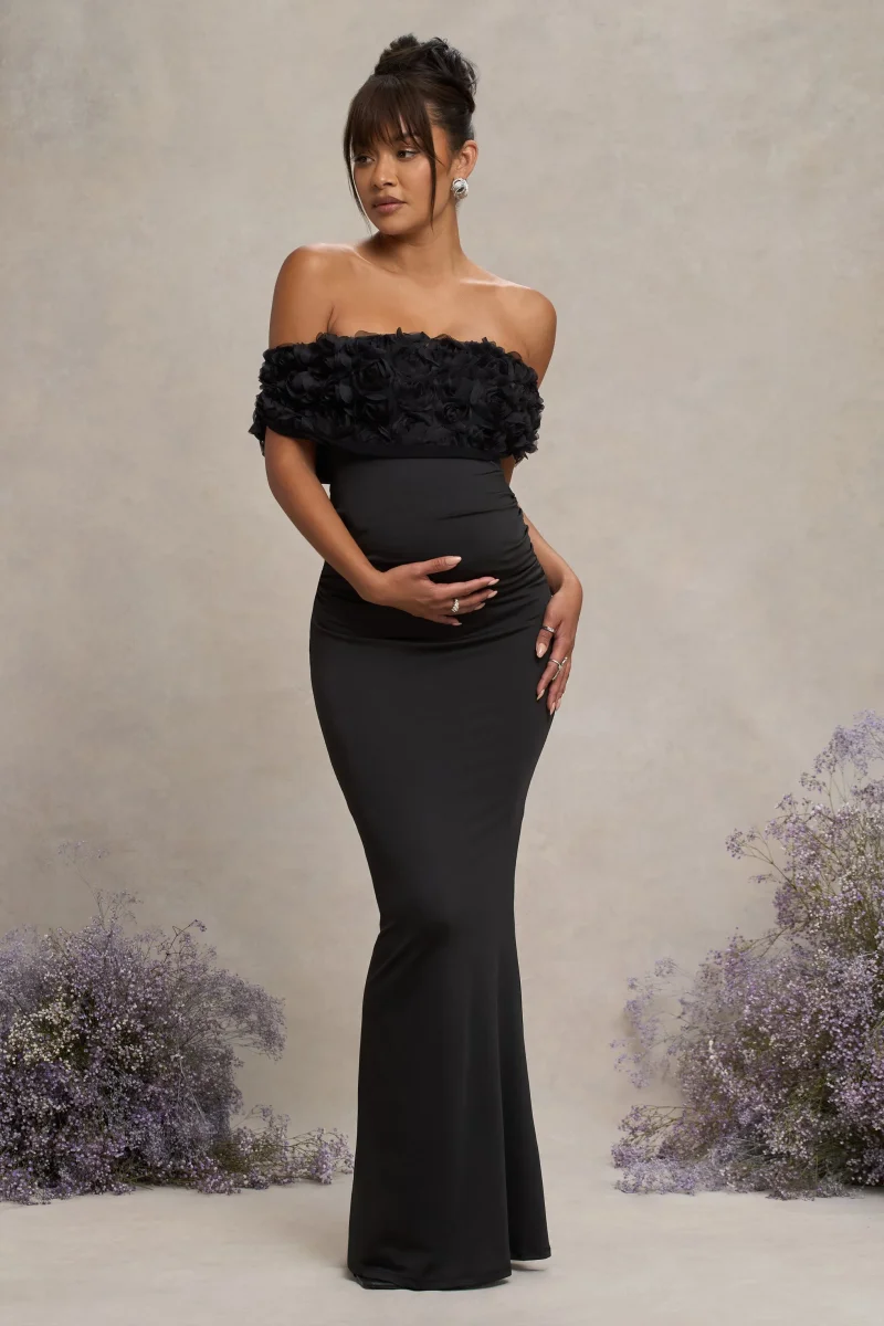 Inflorescence | Vestido largo de premamá negro con escote bardot floral de malla - Imagen 6