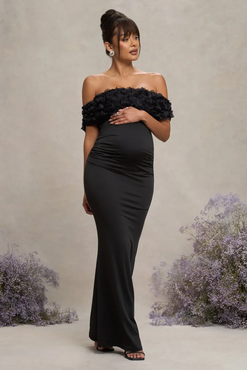Inflorescence | Vestido largo de premamá negro con escote bardot floral de malla - Imagen 2
