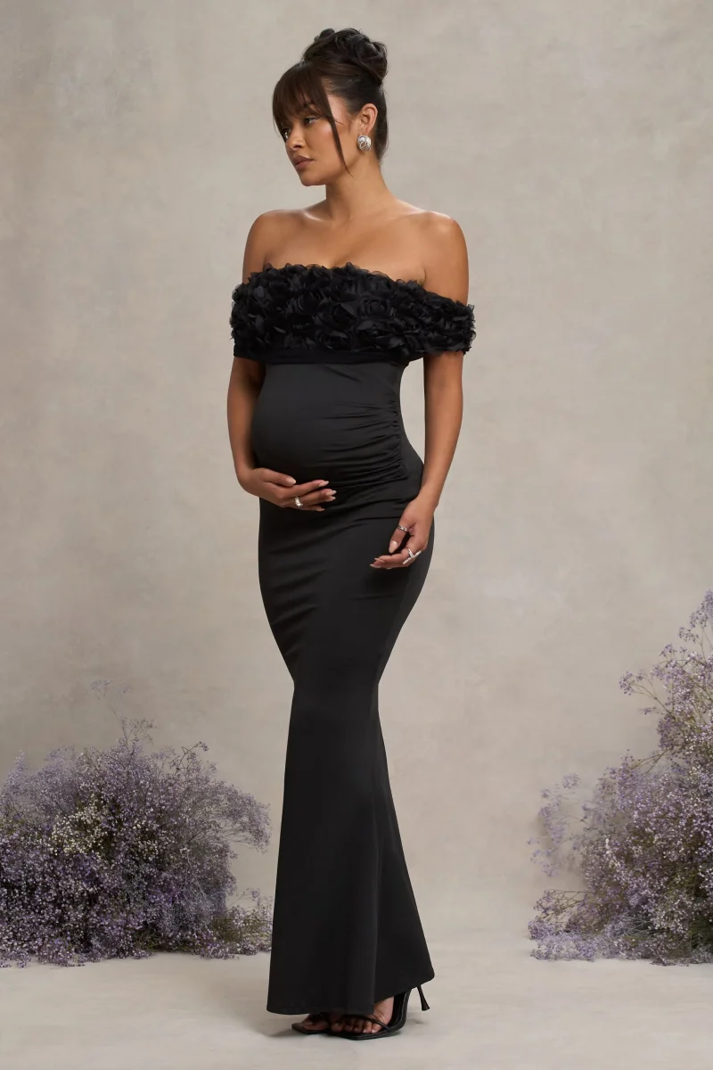 Inflorescence | Vestido largo de premamá negro con escote bardot floral de malla - Imagen 5