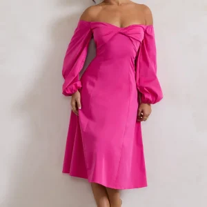 Santino | Vestido midi con mangas abullonadas y escote Bardot retorcido en color ciruela brillante